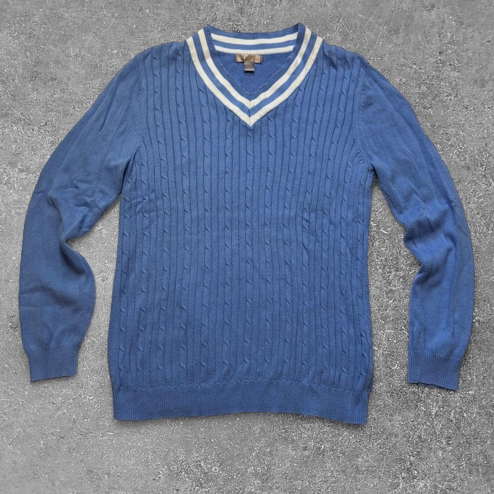 White Stag Blue Cable Knit V-Neck Sweater White Trim Preppy Women Large